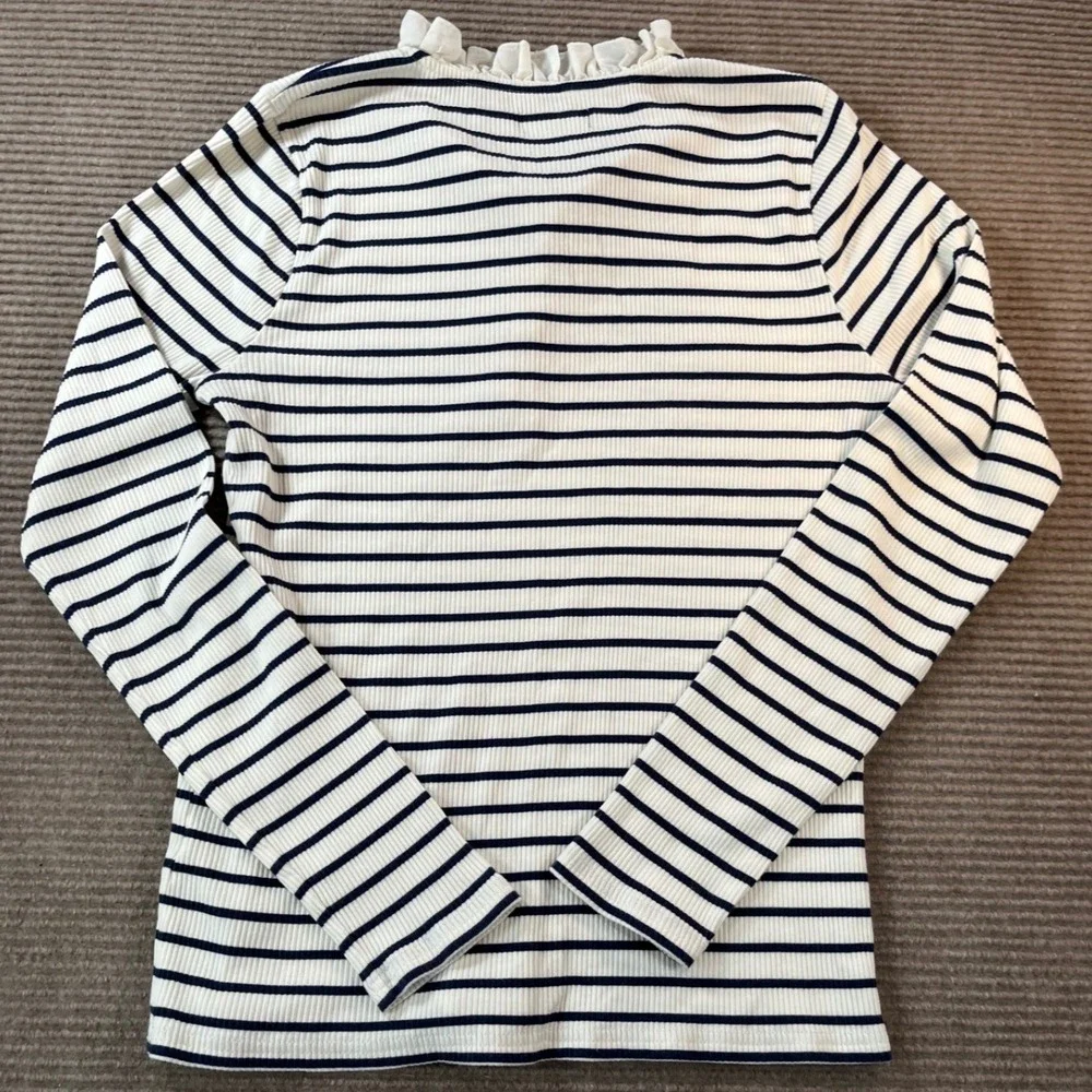 J.Crew Womens Navy White Striped Ruffle Neck Henley Top Gold Buttons Sz Large